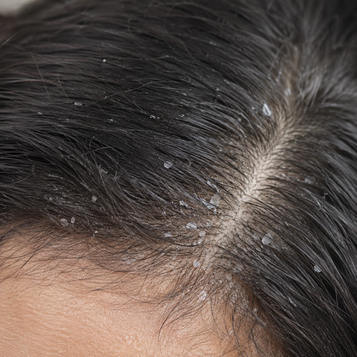 Before — visible dandruff flakes at scalp and hairline
